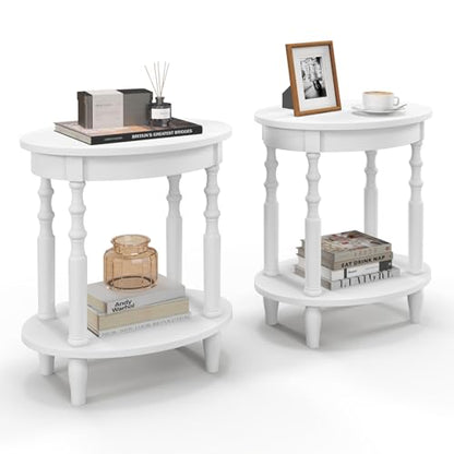 Giantex Oval End Tables Set of 2, 2-Tier Side Tables with Storage Shelf & Solid Wood Legs, Modern Living Room Accent Table, Wood Nightstand for Bedroom, Small Space, 20.5"L x 15.5"D x 24.5"H, White - color: White