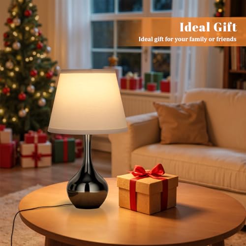 Seealle Touch Table Lamp for Bedroom, 3-Way Dimmable Small Bedside Lamps for Night Stands with Wires, Gloss Black Desk Lamp for Kids Room, Office, Living Room, End Table(LED Bulb Included) - color: F. White Shade & Pearl-black Base
