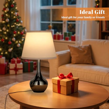 Seealle Touch Table Lamp for Bedroom, 3-Way Dimmable Small Bedside Lamps for Night Stands with Wires, Gloss Black Desk Lamp for Kids Room, Office, Living Room, End Table(LED Bulb Included) - color: F. White Shade & Pearl-black Base
