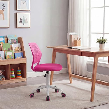 Costzon Kids Desk Chair, Armless Height Adjustable Kids Computer Chair w/Elastic Sponge Filling, Ergonomic Backrest & Stable 5-Point Wheels, Children Rolling Swivel Chair for Studyroom (Rose) - color: Rose
