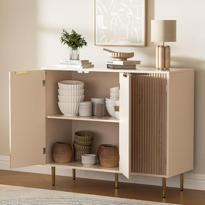 Housoul Fluted Sideboard Buffet Cabinet with 3 Doors, Natural Oak | Kitchen Storage Cabinet with Adjustable Shelves & Golden Handles, Modern Accent Cabinet, Coffee Bar for Kitchen, Living Room - color: Oak