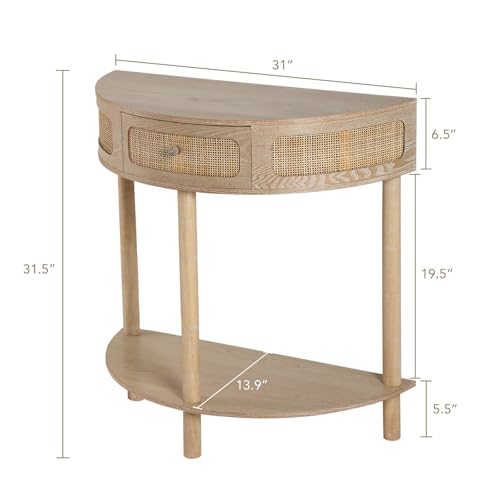 Wnutrees Rattan Half Moon Console Table, Modern Entryway Table with Drawer, Boho Sofa Table with Bottom Storage Shelf, Small Semicircular Tables for Hallway, Living Room, Natural - color: Natural
