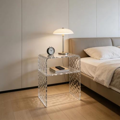 Acrylic 2-Tier End Table – 23.6”H Modern Nightstand with Shelf, Sturdy Bedside Storage for Bedroom, Living Room, Home Office, No Assembly Required (Water Ripple) - size: 18.5"L x 11.8"W x 23.6"H