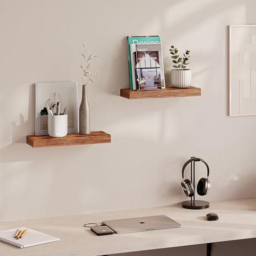 Ballucci Floating Shelves, 16" Wood Wall Shelf Set of 2, with Invisible Brackets for Bathroom, Living Room, Bedroom, Kitchen, Nursery, 6" Deep, Rustic Brown - color: Rustic Brown, size: 15.8 in (1.5)
