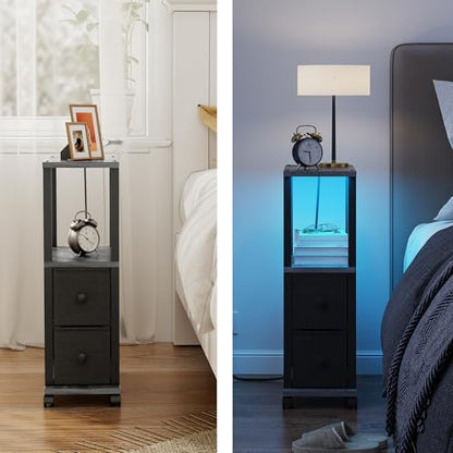 TUTOTAK Small Narrow End Tables, LED Side Tables with 2 Fabric Drawers, Set of 2, Bedside Tables with Charging Station for Small Spaces, Slim Nightstands with USB Ports and Wheels, TB01BY053L - color: Charcoal Grey, style: with LED Light & Outlets
