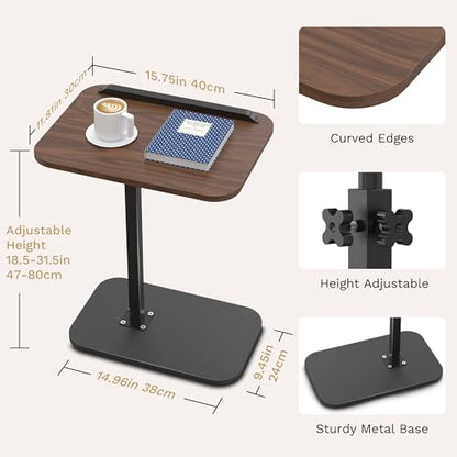 Side Table for Couch, Adjustable Height C Shaped End Table, Narrow Sofa Side Table for Living Room & Bedside, Brown Wooden Top with Black Metal Base