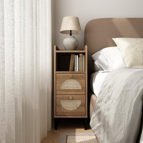Narrow Nightstand for Small Spaces - 9.3" Slim Side Table with Rattan-Weave Drawers, Skinny Bedside Table with Open Shelf, Rustic Tall Thin Gap Filler for Bedroom & Sofa Side, Caramel Oak - color: Caramel Oak
