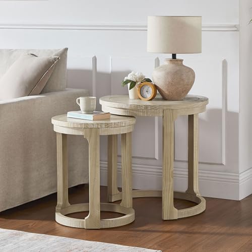 Round End Side Table Set of 2, Handcraft Nesting Table for Living Room, Modern Wood Circle Style, Easy Assembly, Oak - color: S1-2pcs-oak
