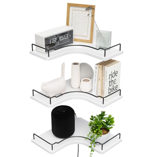 L-Shaped Corner Floating Shelves Set of 3,Rustic Wood Wall Mounted Storage Shelves,Display Shelf for Bathroom, Kitchen,Bedroom, Living Room, Office (White) - color: White