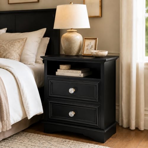 Brafab Bedside Table Set of 2 with Hidden Drawer, 25" Tall | Black Night Stand with 2 Drawers and Open Shelf, Classic Wood Night Stands with Secret Storage for Bedroom, Guest Room - color: Black