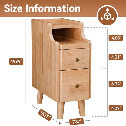 Narrow Nightstand with Drawers, 19.7" H Pre-Assembled Solid Wood Small Skinny Night Stand with Open Sliding Shelf, Mid Century Modern Slim Bedside Table for Bedroom, Natural Oak,8" - color: Oak, size: 8"
