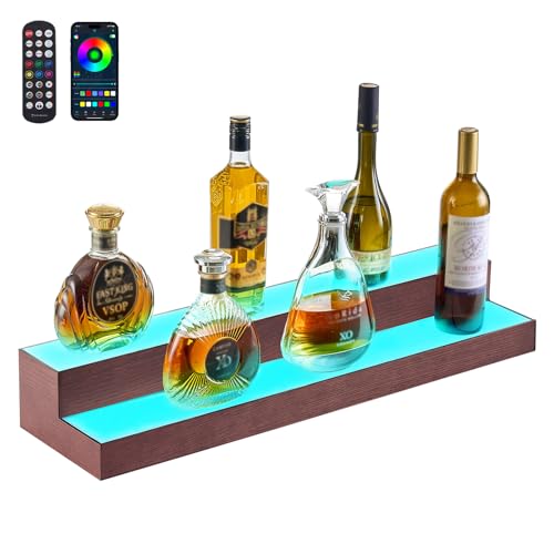 VEVOR LED Lighted Liquor Bottle Display, 2-Tier 30-Inch Whiskey Rack, Support USB, Illuminated Home Bar Shelf with RF Remote & App Control, 7 Static Colors, Acrylic+ Wood Lighted Shelf for 15 Bottles - size: 3 Step 30 Inches（Wood+Acrylic）