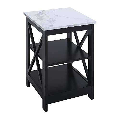Convenience Concepts Oxford End Table 15.75" - Modern Living Room Table with Storage Shelves, Transitional Nightstand Side Table for Home Decor and Display, White Faux Marble/Black - color: White Faux Marble/Black