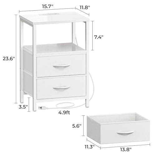 Huuger Nightstand with Charging Station, Side Table with 2 Fabric Drawers, End Table with Open Shelf, Bedside Table with USB-C Port and Outlets, Night Stand, PU Leather, White - color: White, size: 11.8"d X 15.7"w X 23.6"h (2 Drawers)