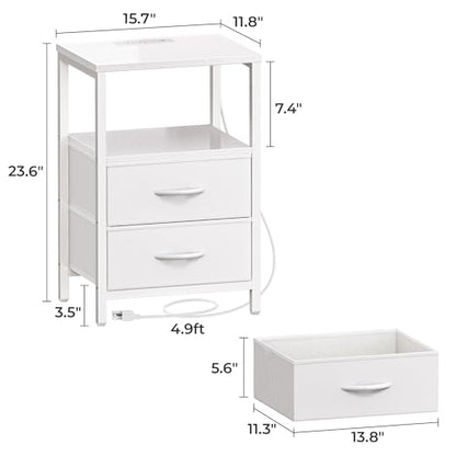 Huuger Nightstand with Charging Station, Side Table with 2 Fabric Drawers, End Table with Open Shelf, Bedside Table with USB-C Port and Outlets, Night Stand, PU Leather, White - color: White, size: 11.8"d X 15.7"w X 23.6"h (2 Drawers)
