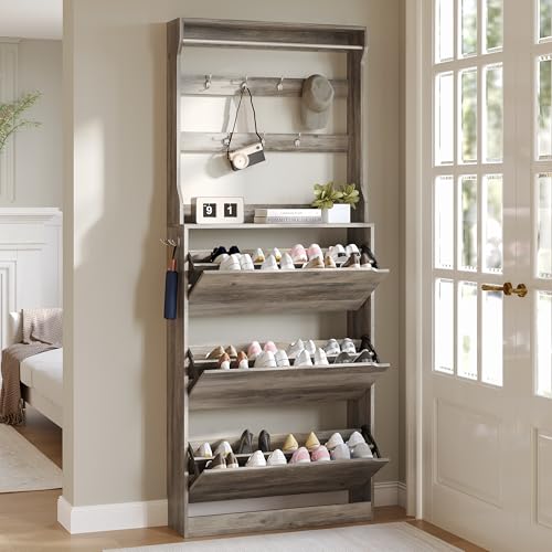 Wodeer Tall Shoe Cabinet with Coat Rack, Hidden Shoe Storage Cabinet with Doors & Drawer, Hanging Bar & Hooks, Slim Narrow Freestanding Shoe Rack Organizer for Entryway, Hallway & Living Room, Grey - color: Grey, style: Tall 3 Drawers