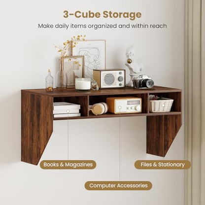 Giantex Wall-Mounted Computer Desk, Floating Laptop Desk with 3 Storage Compartments, Space-Saving Home Office Workstation Vanity Table for Bedroom, Study, Living Room (Rustic Brown) - color: Rustic Brown