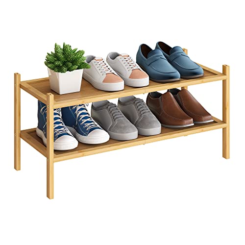 BMOSU 2-Tier Bamboo Shoe Rack Premium Stackable Shoe Shelf Storage Organizer for Hallway Closet Living Room Entryway Organizer(Natural) - color: Natural, size: 2-Tier（27*11*12.6inches）
