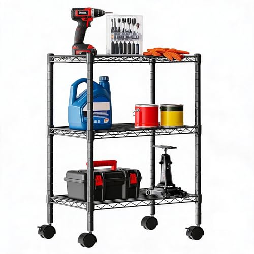 DUMOS 3-Tier Metal Storage Shelves, 23" W Wire Shelving Storage Rack with Lockable Wheels, Adjustable Shelving Unit, Standing Closet for Garage, Kitchen, Office, Living Room, 23" Wx13 Dx30 H - color: 3 Tiers With Wheels, size: Type 1: with Wheels