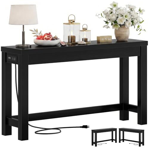 Cyclysio 47" Console Tables for Entryway, Narrow Console Tables for Living Room, Behind Couch Table, Sturdy Wood Support Hallway Table with 3AC+2USB Charging‌ Station, Black - color: Black, size: 47 inch