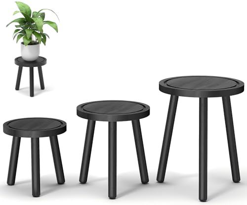 3-Pack Wood Plant Stands Indoor, Single Plant Stand for 6-12 Inch Pots, Mid-Century Modern Plant Stool, Tall Plant Stand for Large Plants for Living Room, Balcony, Office (Black) - color: Black