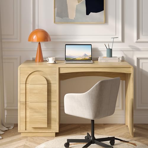 Bestier 47 inch Wood Home Office Desk with 3 Drawers, Modern Executive Desk with Storage, Arched Computer Desk for Writing Study Bedroom, Natural Oak - color: Oak