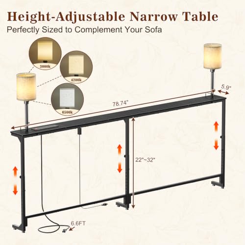 78.8" Sofa Tables Narrow Long with Lights & Charging Station - 4 AC outlets | 22"-32" Height Adjustable Behind Couch Sofa Table, Skinny Sofa Console Table, Slim Design for Living Room, Black - color: Black, size: 78.8" Long-2 Light