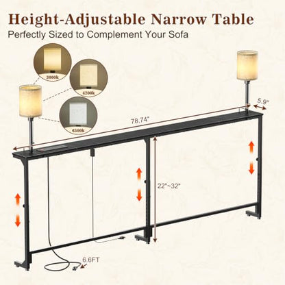 78.8" Sofa Tables Narrow Long with Lights & Charging Station - 4 AC outlets | 22"-32" Height Adjustable Behind Couch Sofa Table, Skinny Sofa Console Table, Slim Design for Living Room, Black - color: Black, size: 78.8" Long-2 Light