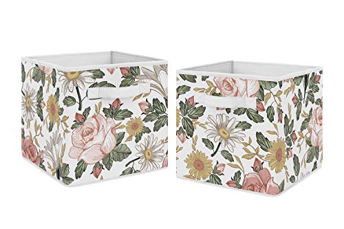 Sweet Jojo Designs Vintage Floral Boho Foldable Fabric Storage Cube Bins Boxes Organizer Toys Kids Baby Childrens - Set of 2 - Blush Pink, Yellow, Green and White Shabby Chic Rose Flower Farmhouse - color: Vintage Floral Pink and Green