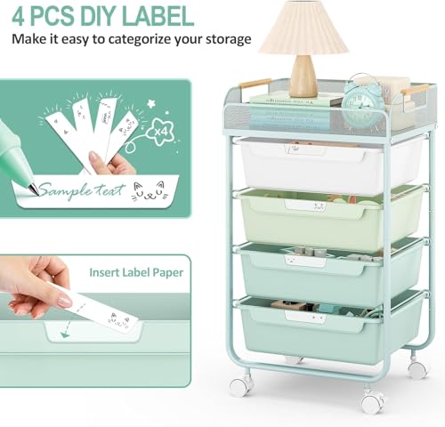 SYKIARIOL 4-Drawer Rolling Storage Cart with Mesh Top, Utility Craft Organizer Cart on Wheels with DIY Labels, Rolling Drawer Cart for Home Office Classroom Bedroom, Green - color: Green