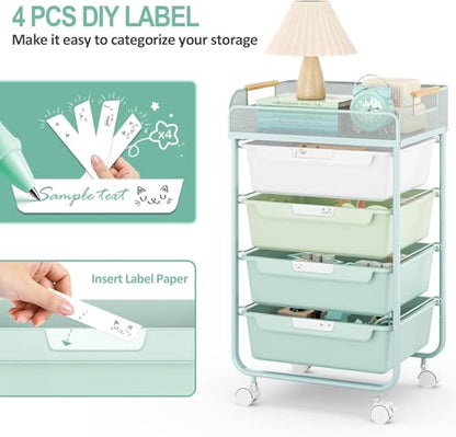 SYKIARIOL 4-Drawer Rolling Storage Cart with Mesh Top, Utility Craft Organizer Cart on Wheels with DIY Labels, Rolling Drawer Cart for Home Office Classroom Bedroom, Green - color: Green