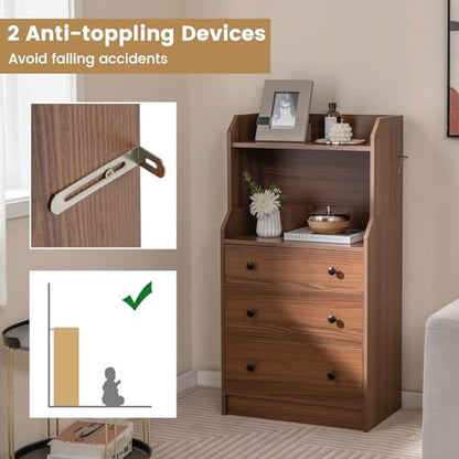 LDAILY Moccha 3 Drawers Dresser with Shelf, Modern Dresser Tower with 2 Open Shelves, Chest of Drawers with Anti-toppling Device, Tall Storage Dresser Nightstand, Living Room, Walnut - color: Walnut