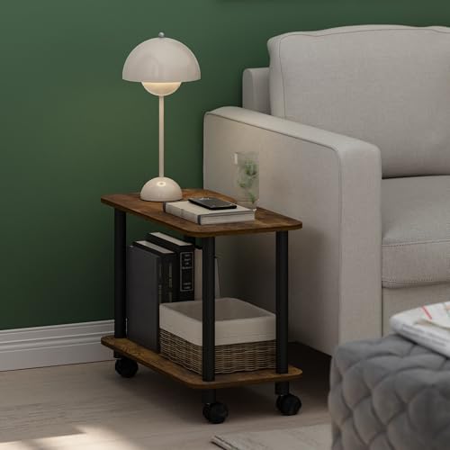 Furinno Turn-N-Tube Side Table, 2-Tier Sofa End Table with Wheels, Toolless Assembly Night Stand, Bedside Table with Open Shelf, for Living Room, Bedroom, Amber Oak - color: Amber Oak/Black