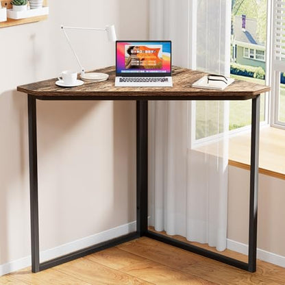 VECELO Ϲоrnеr Desk, Corner Tables for Living Room for Small Space Triangle Computer Desk with Steel Frame Ϲоrnеr Shelves with Metal Frame Ϲоrnеr Writing Desk for Workstation Brown 33.1"