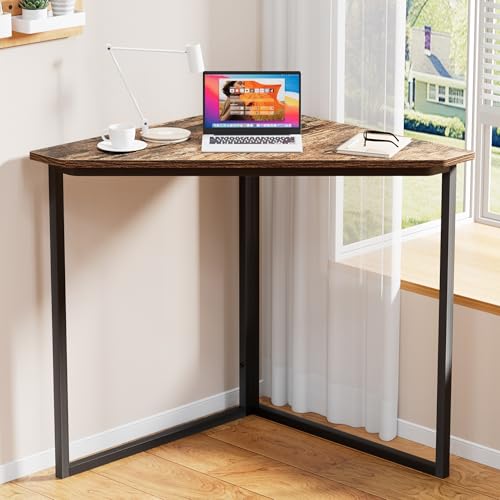 VECELO Ϲоrnеr Desk, Corner Tables for Living Room for Small Space Triangle Computer Desk with Steel Frame Ϲоrnеr Shelves with Metal Frame Ϲоrnеr Writing Desk for Workstation Brown 33.1"