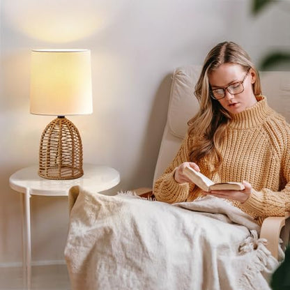 EJIAXIN Rattan Lamp Boho Lamps Set of 2-13.75" Mini Farmhouse Table Lamp Rustic End Table Decorative Small Lamps for Small Spaces Bedroom Nightstand Living Room Reading Desk Side Table Lamp - style: Rustic