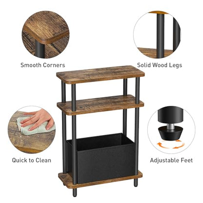 THUMEYE Narrow Side Table with Fabric Basket, 7" Wide, 3 Tier Skinny End Table with Wood Legs, Slim Nightstand/Bedside Table for Small Spaces, with Adjustable Feet, 15.7" L x 23" H - color: Rustic Brown, size: 3-Tier