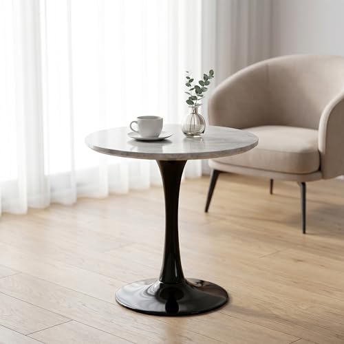 27.6" Marble Round Tulip Table, Mid-Century Modern Style Dining Table with Black Pedestal Base for 2-4 People, Featuring A Marble Tabletop for Kitchen, Dining Room, Cafe (Light Grey) - color: Light Grey#black