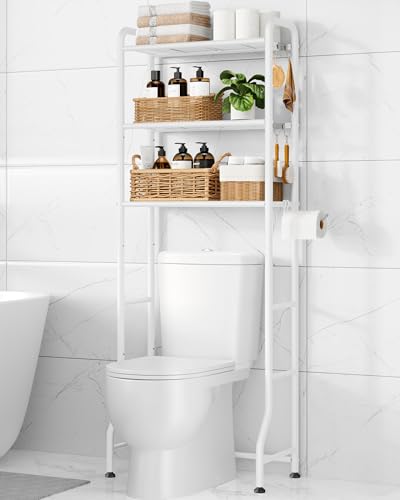 Kitsure Over Toilet Storage Rack - Metal Over Toilet Bathroom Organizer Shelf, Over the Toilet Storage Cabinet with Paper Holder and Hooks, Bathroom Cabinet for Laundry, White, 3 Tiers (63.2" H) - color: White, size: 3 Tiers (63.2"H)