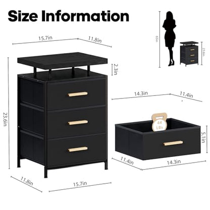 DreamDashio Nightstand Set of 2 with LED Lights, 3 Fabric Storage Drawers with PU Finish, Floating Top Design, Bedside Table with Open Shelf, End Table for Bedroom, Living Room, Office Black - color: Black (2 Pack)