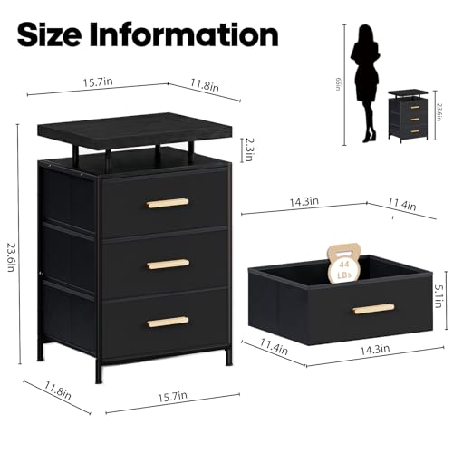 DreamDashio Nightstand Set of 2 with LED Lights, 3 Fabric Storage Drawers with PU Finish, Floating Top Design, Bedside Table with Open Shelf, End Table for Bedroom, Living Room, Office Black - color: Black (2 Pack)