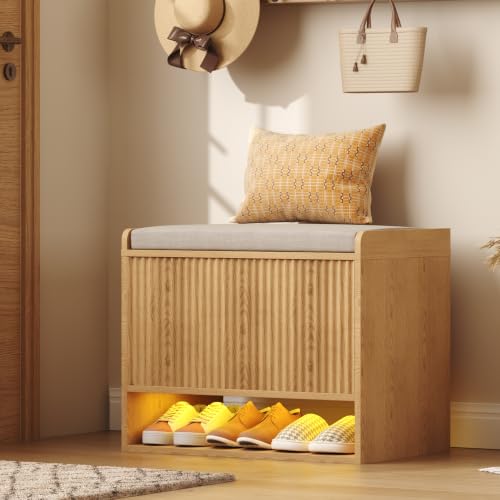 HOMEFORT 23.6" Fluted Shoe Storage Bench, Small Entryway Bench with Linen Seat Cushion, Shoe Cabinet Bench with Adjustable Shelf and Built-in LED Sensor Light, Bench for Bedroom End of Bed,Natural Oak - color: Natural Oak, size: 23.6"Wx15.15"D x19.3"H