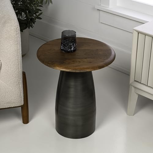 JONATHAN Y Otto 18" Round Mango Wood and Iron End Table, Modern Side Table with Curved Pedestal Base for Living Room, Bedroom, Small Spaces, Honey and Oxidized Nickel END5001A - color: Honey Wood/Oxidized Nickel, style: Round Top