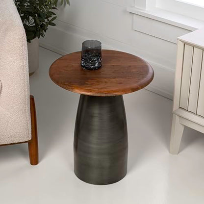 JONATHAN Y Otto 18" Round Mango Wood and Iron End Table, Modern Side Table with Curved Pedestal Base for Living Room, Bedroom, Small Spaces, Honey and Oxidized Nickel END5001A - color: Honey Wood/Oxidized Nickel, style: Round Top
