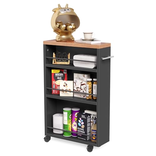 LITTLE TREE Slim Rolling Storage Cart, 3 Tier Snack Cart with Wheels for Kitchen, 6.3 Inch Wide Bathroom Organizer Shelves, Wooden Utility Cart for Laundry Room, Black - color: Black