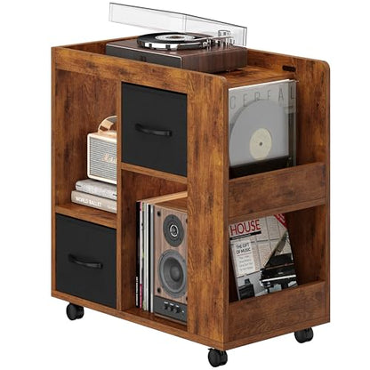 Yaheetech Narrow Side Table with Storage, Wooden Rolling Nightstand Bedside Table with Wheels, Magazine Racks and Open Shelves, End Table with Drawers for Living Room Bedroom, Rustic Brown - color: Rustic Brown