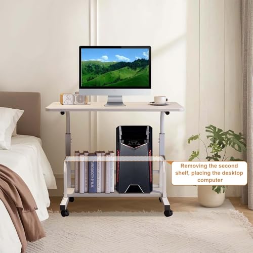 Adjustable Height Mobile Standing Desk with Wheels – Rolling Computer Desk – Storage Shelves – Compact Laptop Table – Home Office & Study - color: White 60 X 40cm