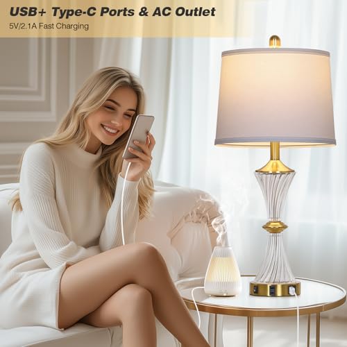 Rinweey Crystal Glass Table Lamp Set of 2 with USB C+A Ports & AC Outlet, White Lamp, Modern Bedroom Lamps, Gold Lamp for Night Stands Bedroom Living Room,Nightstand Lamp LED Bulbs Included - color: Gold