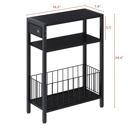 TRIFEBLE Narrow Side Table with Charging Station, Small End Table for Small Spaces, Slim Nightstand with Storage Basket, 3 Tier Skinny Bedside Table for Living Room, Bedroom, Black - color: Black, style: With Basket & Power