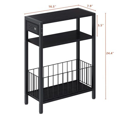 TRIFEBLE Narrow Side Table with Charging Station, Small End Table for Small Spaces, Slim Nightstand with Storage Basket, 3 Tier Skinny Bedside Table for Living Room, Bedroom, Black - color: Black, style: With Basket & Power